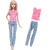 A fashion doll outfit set featuring a pink and white floral print top and matching blue denim pants.