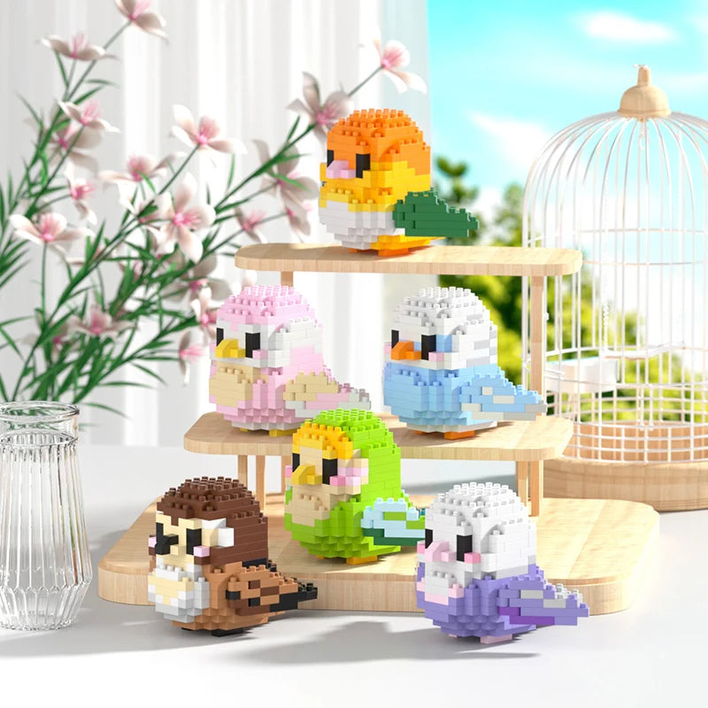 A set of colorful parrot micro building blocks featuring various bird shapes and colors on a wooden surface.