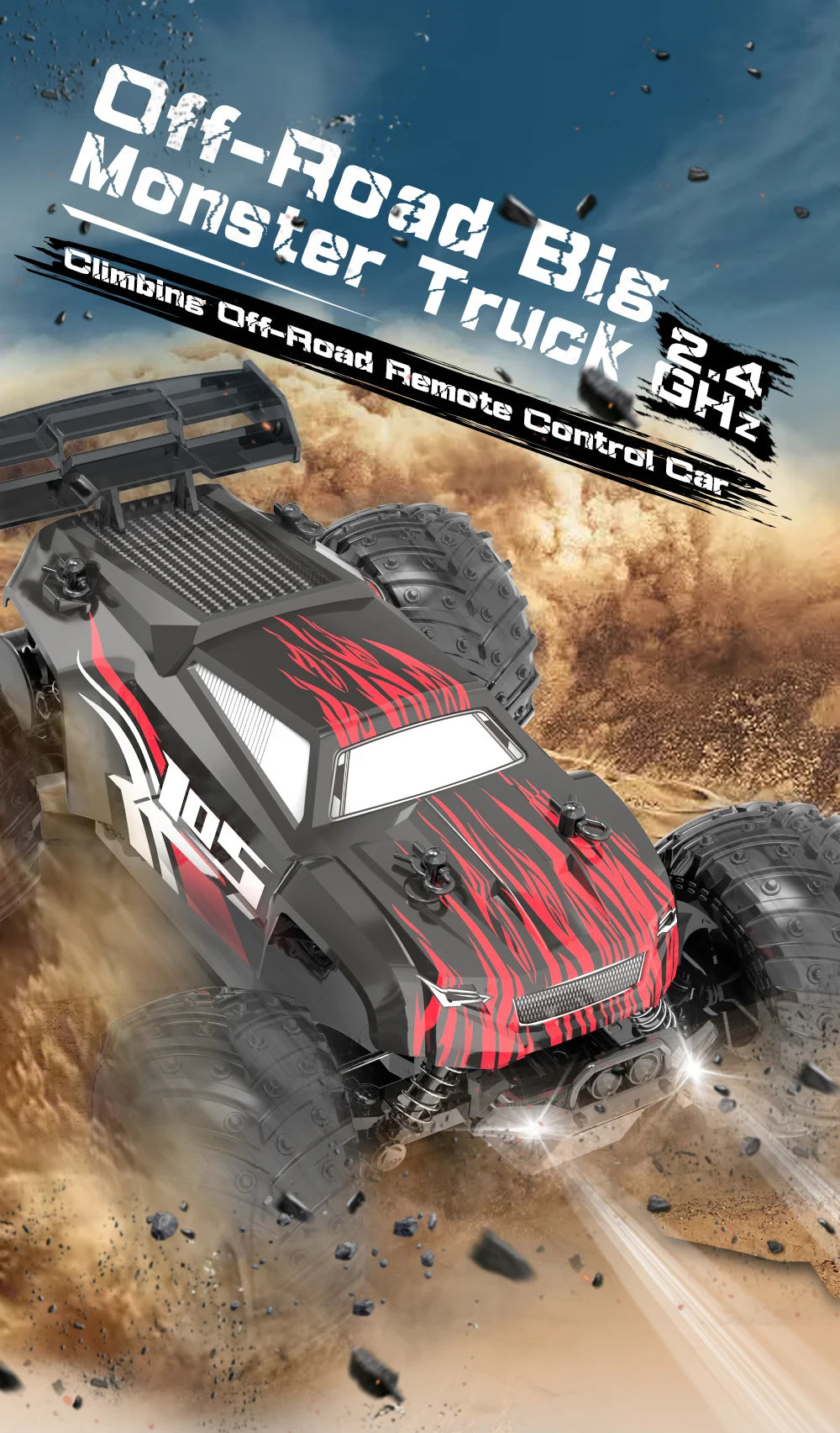 A black and red off-road monster truck RC car is shown driving through dusty terrain.
