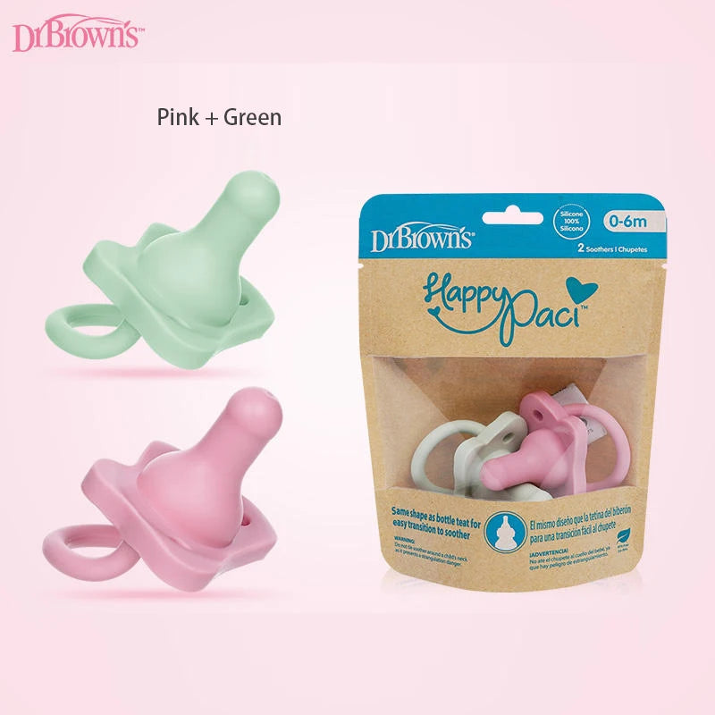 DrBrown's HappyPaci silicone pacifier soother in pink and green colors shown with packaging