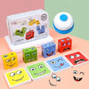 A set of wooden face-changing cube puzzles for kids in various colors and expressions.