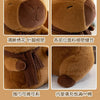 Close-up views of a brown plush capybara stuffed animal showing its face, body texture, and knit scarf detail.