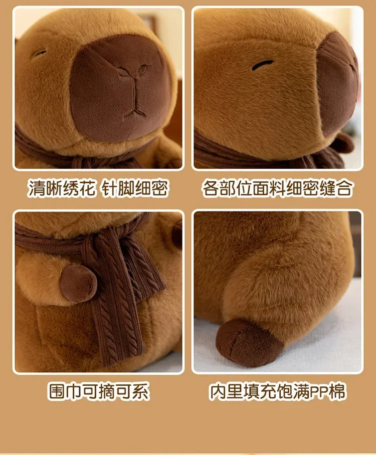 Close-up views of a brown plush capybara stuffed animal showing its face, body texture, and knit scarf detail.