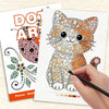 A hand is drawing on a page of dot art featuring a detailed orange and black cat design.