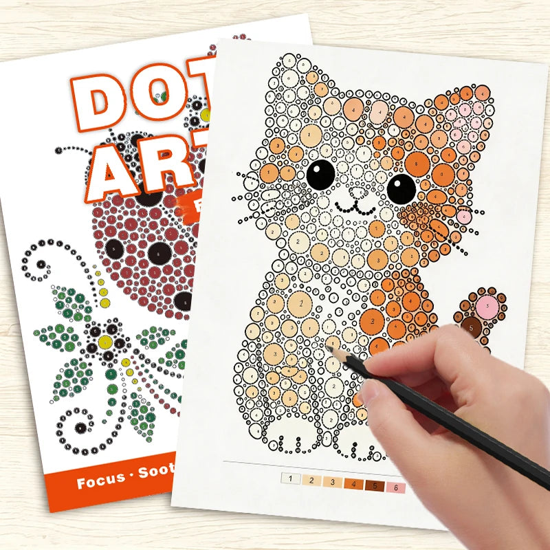 A hand is drawing on a page of dot art featuring a detailed orange and black cat design.