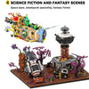 Un ensemble de blocs de construction entrelacés représentant des scènes de science-fiction et de fantasy, incluant un vaissea
