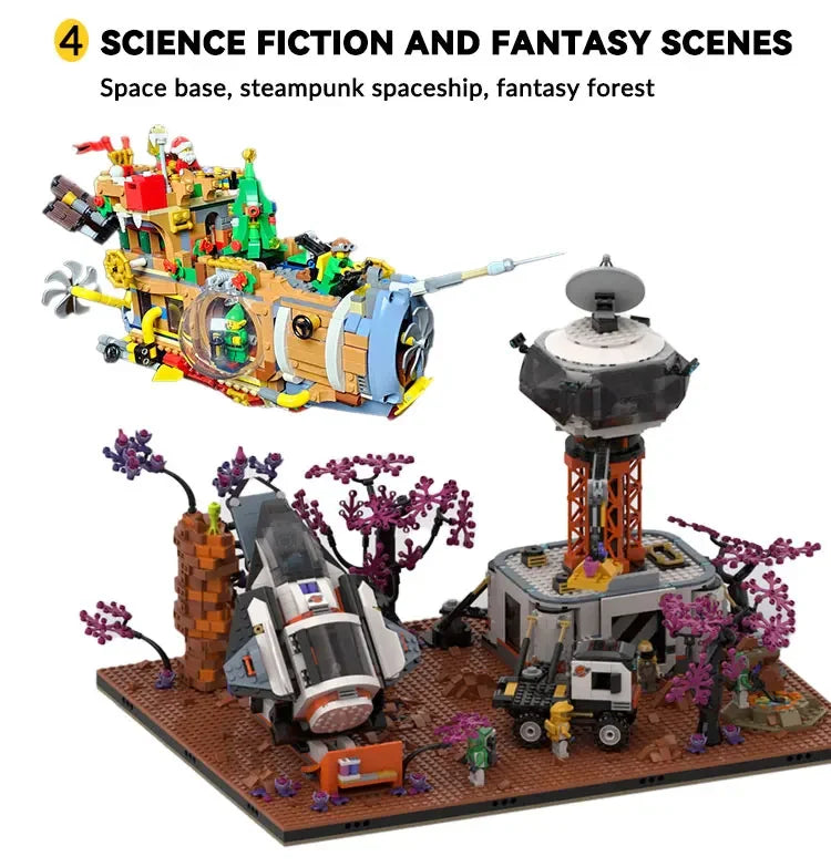 Un ensemble de blocs de construction entrelacés représentant des scènes de science-fiction et de fantasy, incluant un vaissea