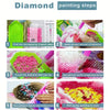 Six steps showing how to paint a diamond painting, including applying adhesive and sticking diamonds onto canvas.