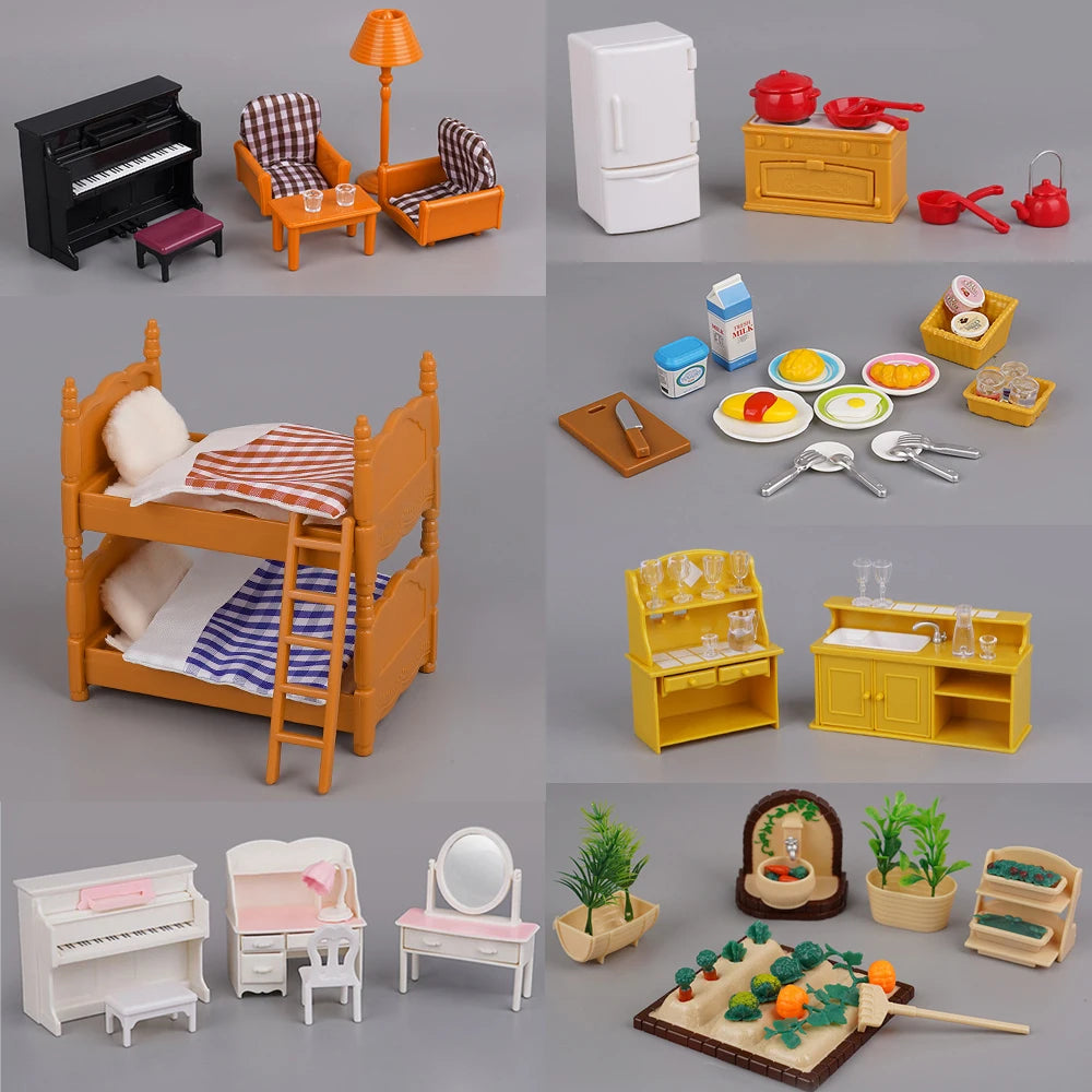 A 1:12 scale dollhouse furniture set featuring kitchen, living room, and bedroom items in yellow and orange tones.