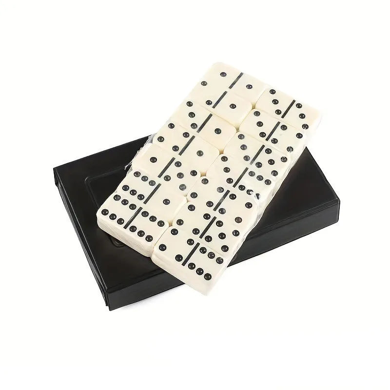 A black box containing a set of 28 white domino tiles for a classic double six game.