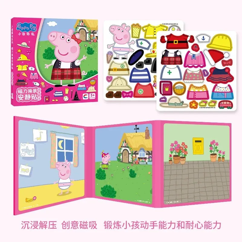 A set of Peppa Pig magnetic dress-up and travel books featuring characters and scenes.