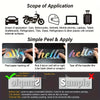 A set of letter stickers showing the scope of application and simple peel and apply instructions for waterproof vinyl sticker