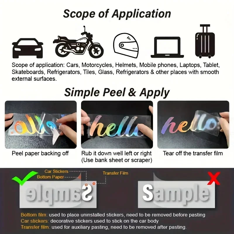 A set of letter stickers showing the scope of application and simple peel and apply instructions for waterproof vinyl sticker