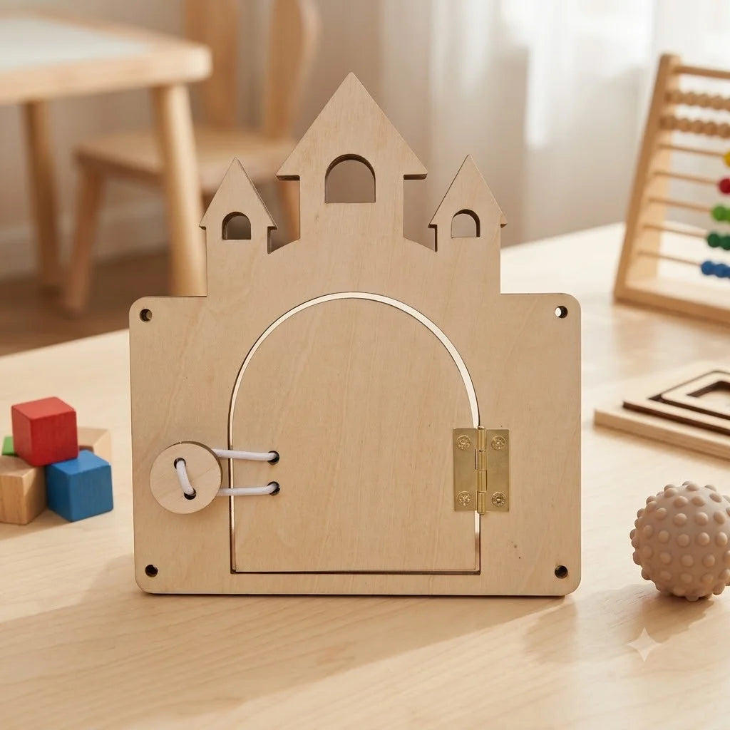 A wooden Montessori busy board for toddlers featuring a castle shape with a latch and decorative elements.