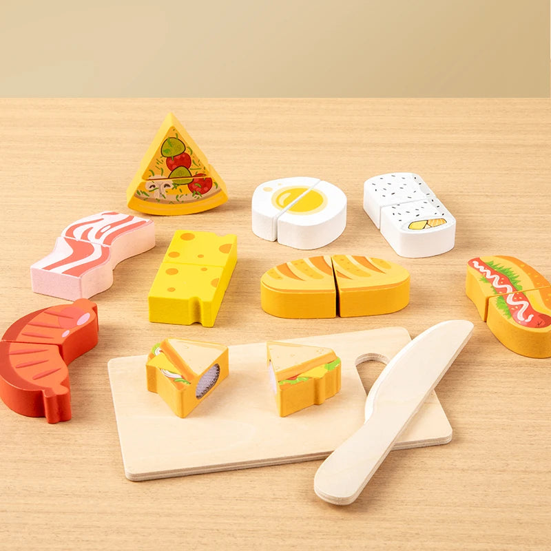 Wooden Pretend Play Kitchen Set with Cutting Fruits and Vegetables