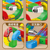 A set of colorful building blocks and train tracks for a magic rail cube educational toy.