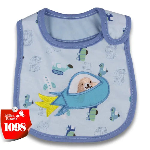 Light blue baby feeding bib with a cartoon design for infants and toddlers