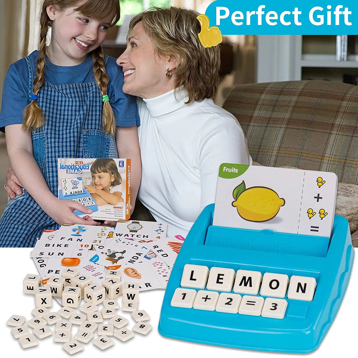 A woman and a girl are shown with a lemon-shaped letter block game and wooden letter tiles.