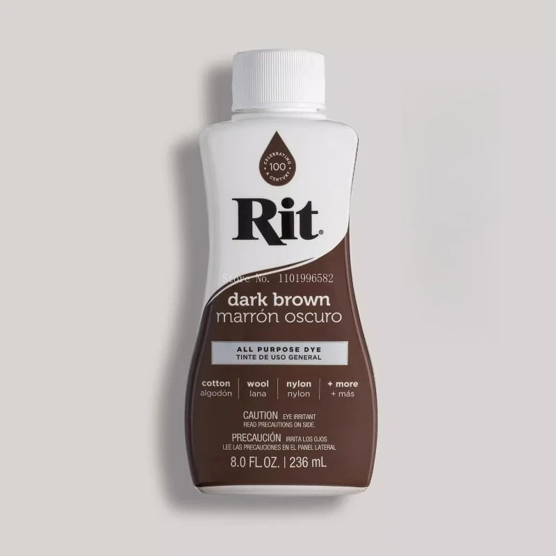 Bottle of Rit dark brown fabric dye for use on cotton, linen, and more