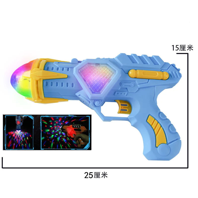 A blue projection toy gun with lights and music, shown alongside its 15-degree and 25-degree light settings.