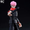 A fully articulated action figure of Yuji Itadori from Jujutsu Kaisen, featuring pink hair and black clothing.