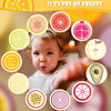 Colorful illustrations of 11 types of fruit and vegetable shapes used for a silicone baby teether set