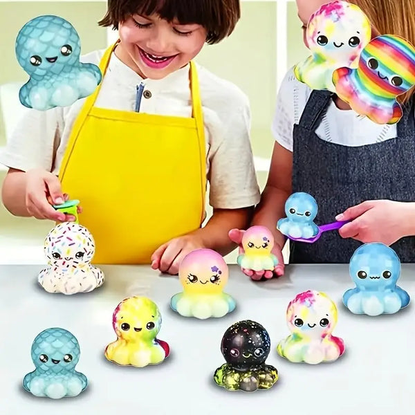 A child is shown with various colorful stress ball fidget toys on a table.