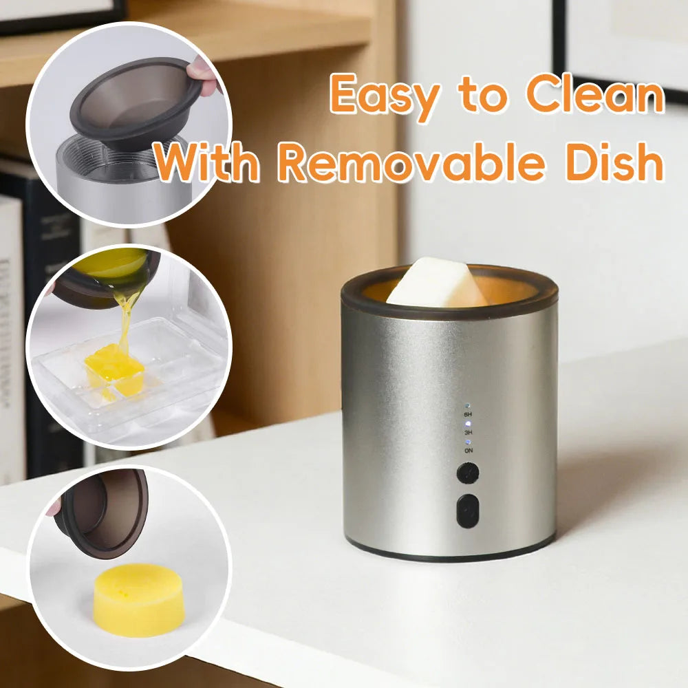 A silver electric wax melt heater is shown with a removable dish and a yellow wax melt.
