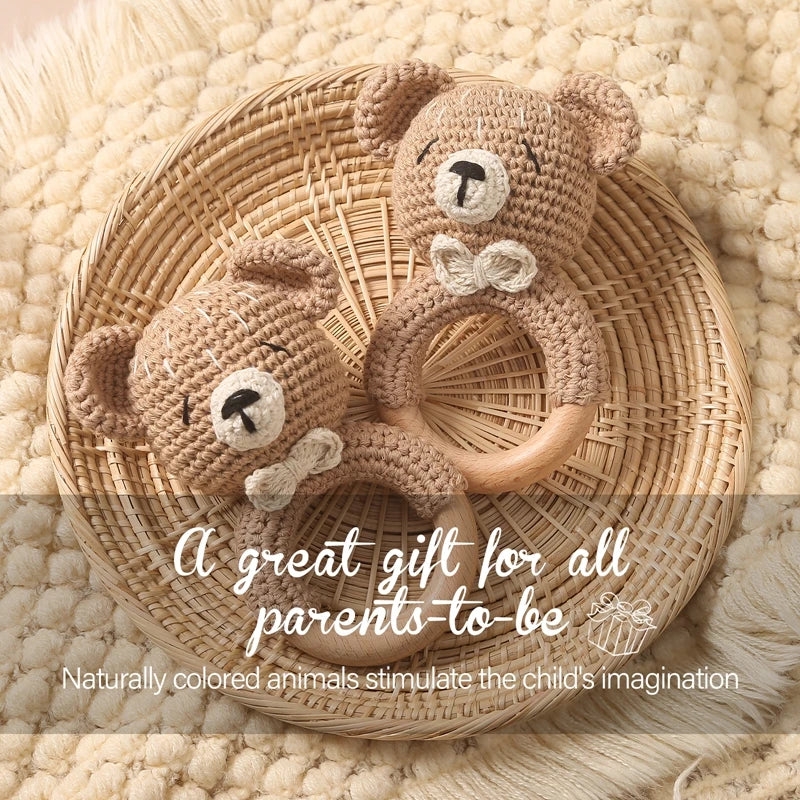Handcrafted Wooden Crochet Animal Rattle for Babies