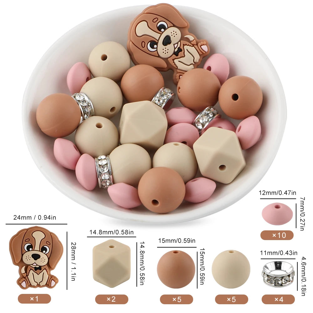 A variety of brown and pink cartoon animal silicone beads are displayed in a white bowl with usage instructions.