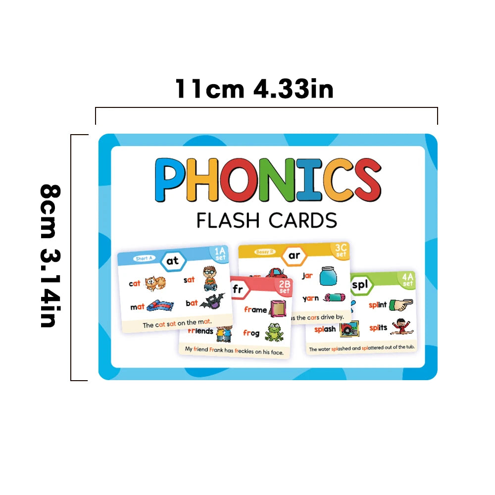 A set of 11 phonics flash cards showing various letters and words for vocabulary building.
