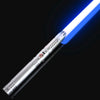 A silver lightsaber with a blue blade is shown against a black background.