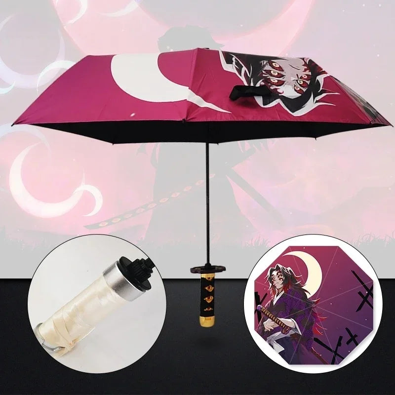 A pink and white Demon Slayer themed 3-fold umbrella with a katana design.