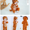 A fluffy, orange-brown animal hooded romper for a baby, shown in various poses.