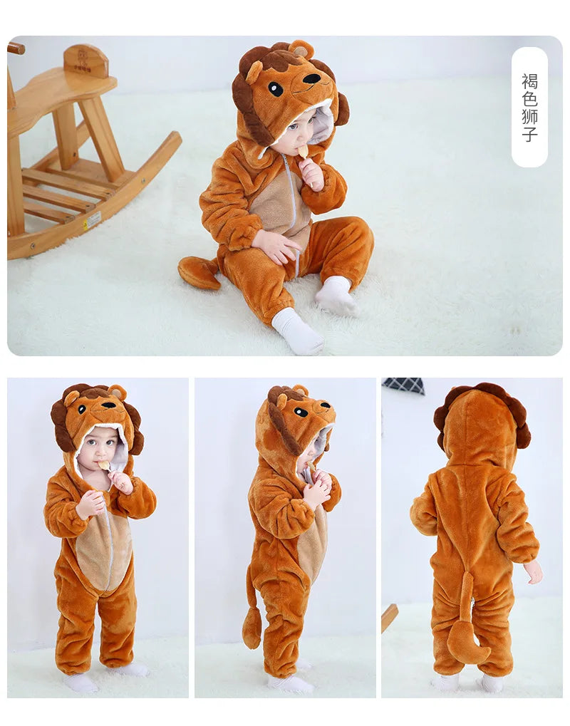 A fluffy, orange-brown animal hooded romper for a baby, shown in various poses.