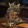 A detailed wooden miniature house kit of an illuminated owl post office with furniture and puzzle elements.
