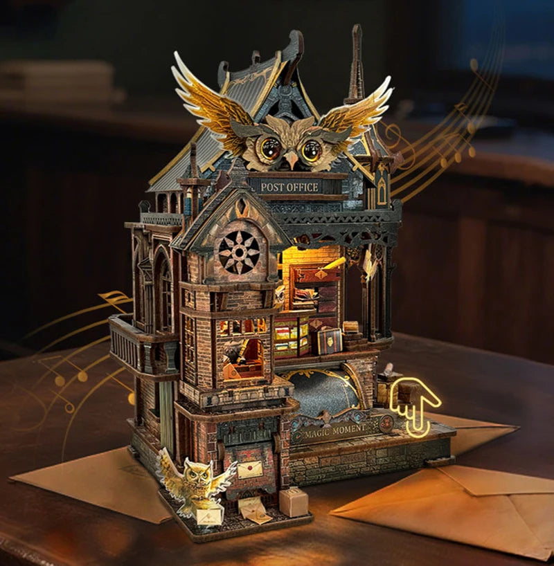 A detailed wooden miniature house kit of an illuminated owl post office with furniture and puzzle elements.