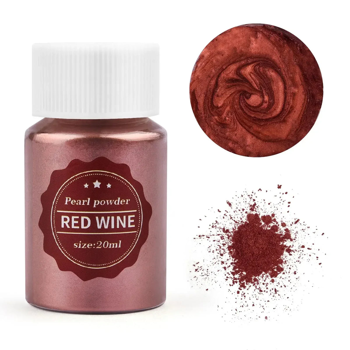 A glass jar of reddish-pink pearl powder labeled Red Wine with a circular swatch of the pigment and scattered powder.