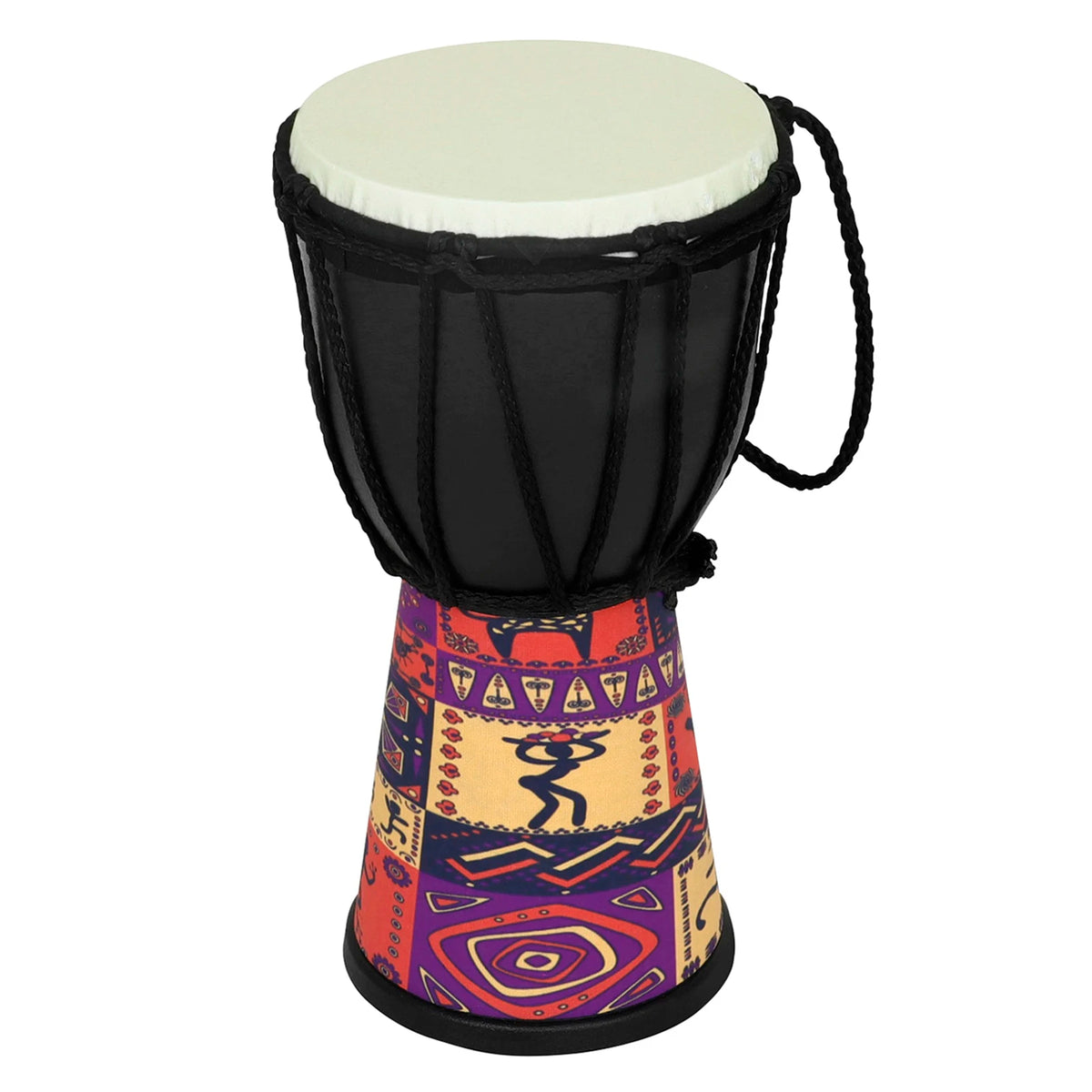 A colorful hand drum for kids with a black body and a patterned base.
