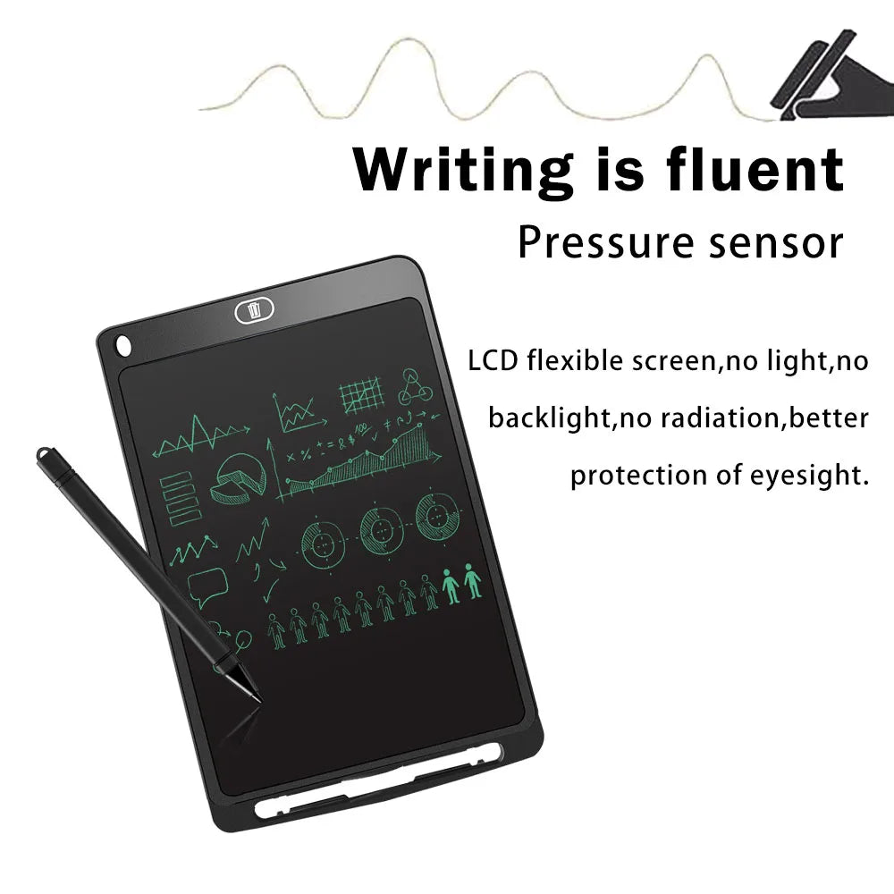 A black LCD writing tablet with a flexible screen is shown next to a writing pen.