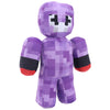 A purple plush toy resembling a pixelated creature with black eyes and red accents on the hands.