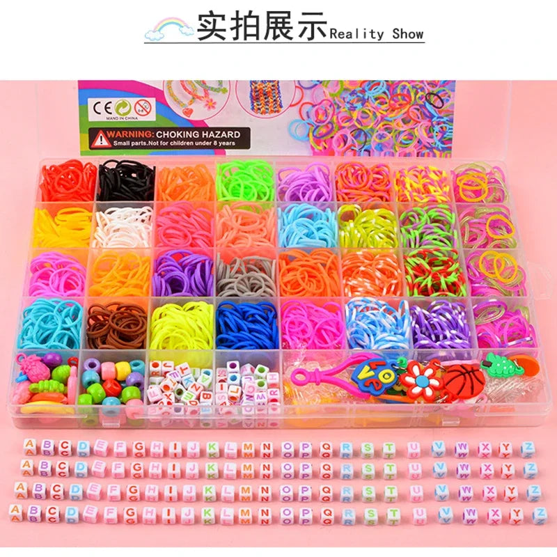 A box of rainbow loom bands and beads for a DIY bracelet making kit with letter and alphabet components