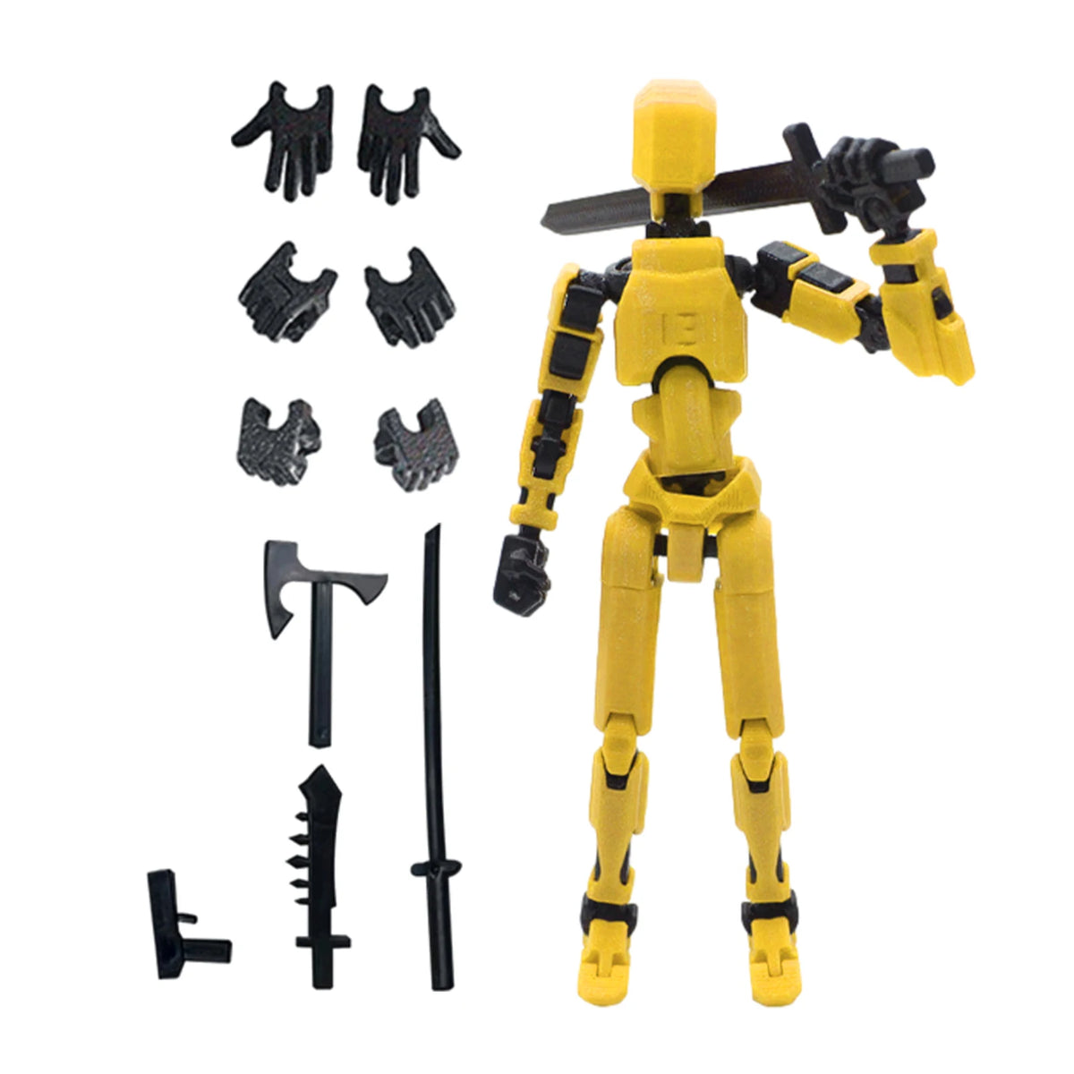 Gelbe, mehrteilige Transformationsroboterfigur mit verschiedenen Hand- und Werkzeuganhängern.