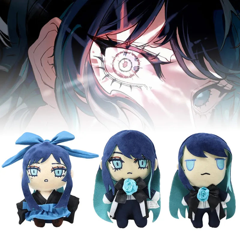 A plush doll of Ado Hibana with blue hair and blue eyes wearing a dark outfit.