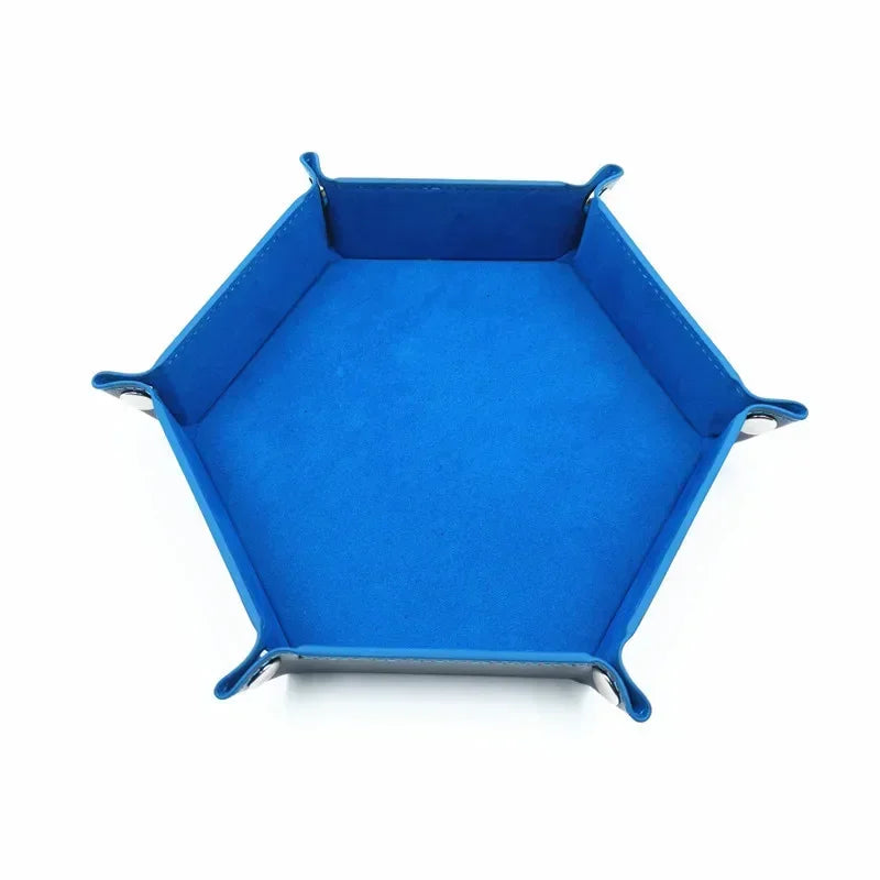 A bright blue hexagonal folding tray made of PU leather.
