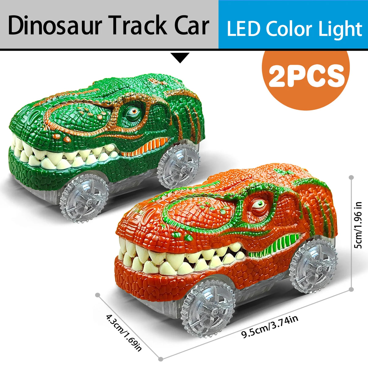 Two dinosaur track cars with LED color lights are shown, one green and one orange, for a dinosaur train set.