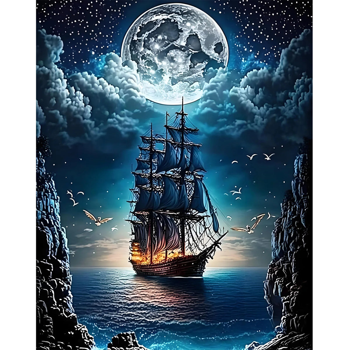 A pirate ship sails under a giant moon with clouds and stars, framed by dark cliffs.