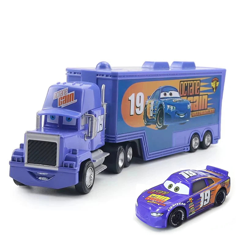 A diecast toy hauler truck and a corresponding diecast car are displayed together.