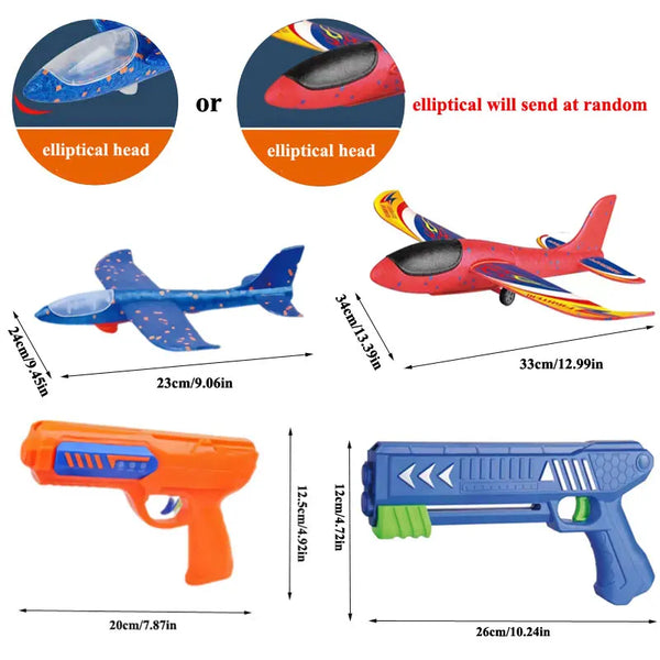 A set of foam plane launchers and an orange toy gun are shown with dimensions.