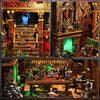 A detailed diorama kit of a haunted hotel interior featuring dark wood, ornate details, and glowing green accents.